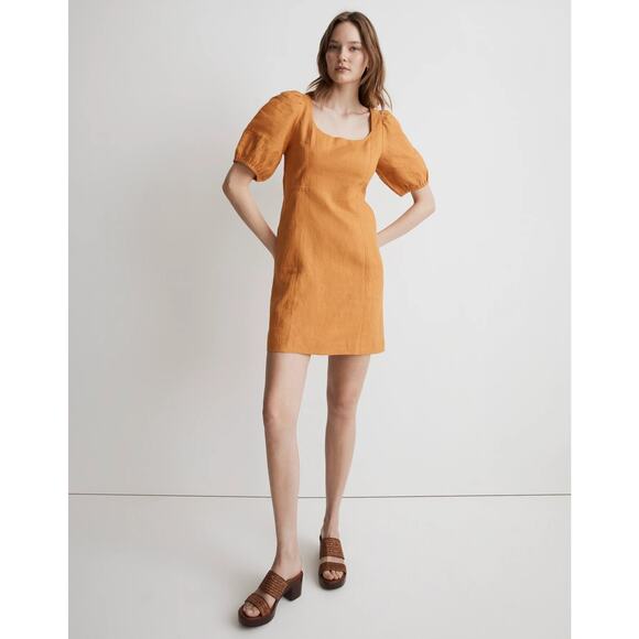 Madewell‎ Tan Orange Ochre Fresco Square Neck Maisie Mini Dress Size 6 Linen - Picture 1 of 9